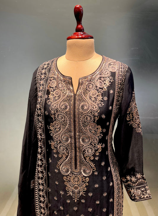 BLACK COLOUR CHINON READYMADE SUIT EMBELLISHED WITH RESHAM & SEQUINS WORK
