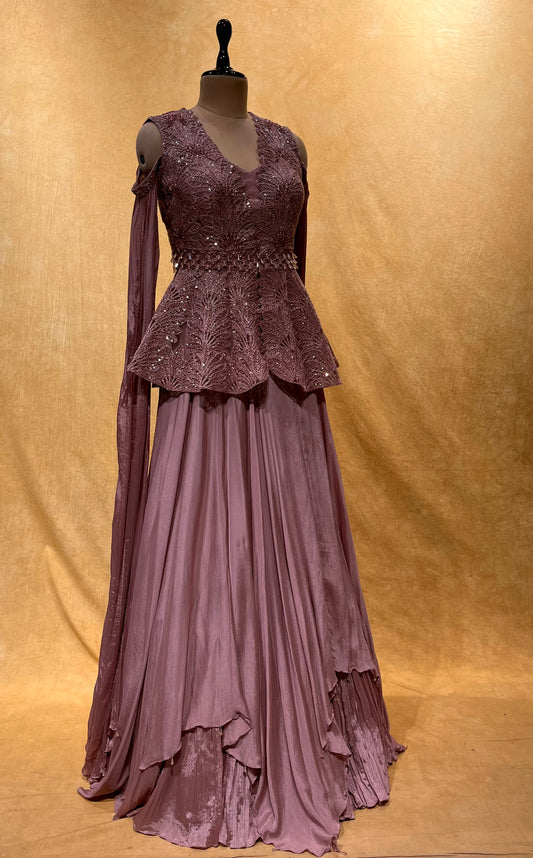 ( DELIVERY IN 25 DAYS ) MAUVE COLOUR CHINON INDOWESTERN DRESS SKIRT WITH PEPLUM TOP EMBELLISHED WITH SEQUINS & CUTDANA WORK