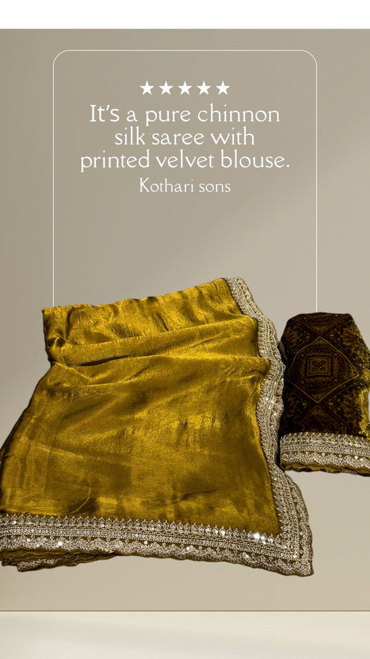 Pure Chinnon Silk Saree with Printed Velvet Blouse (Delivered In 30 Days )