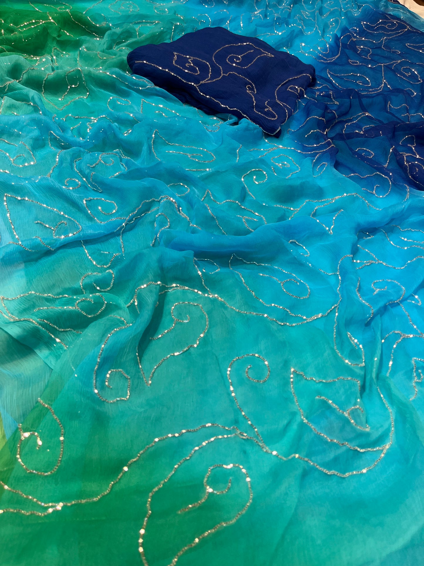 SHADED CHIFFON EMBROIDERED SAREE EMBELLISHED WITH CUTDANA WORK ( DELIVERY IN 25 DAYS ) - Kothari Sons