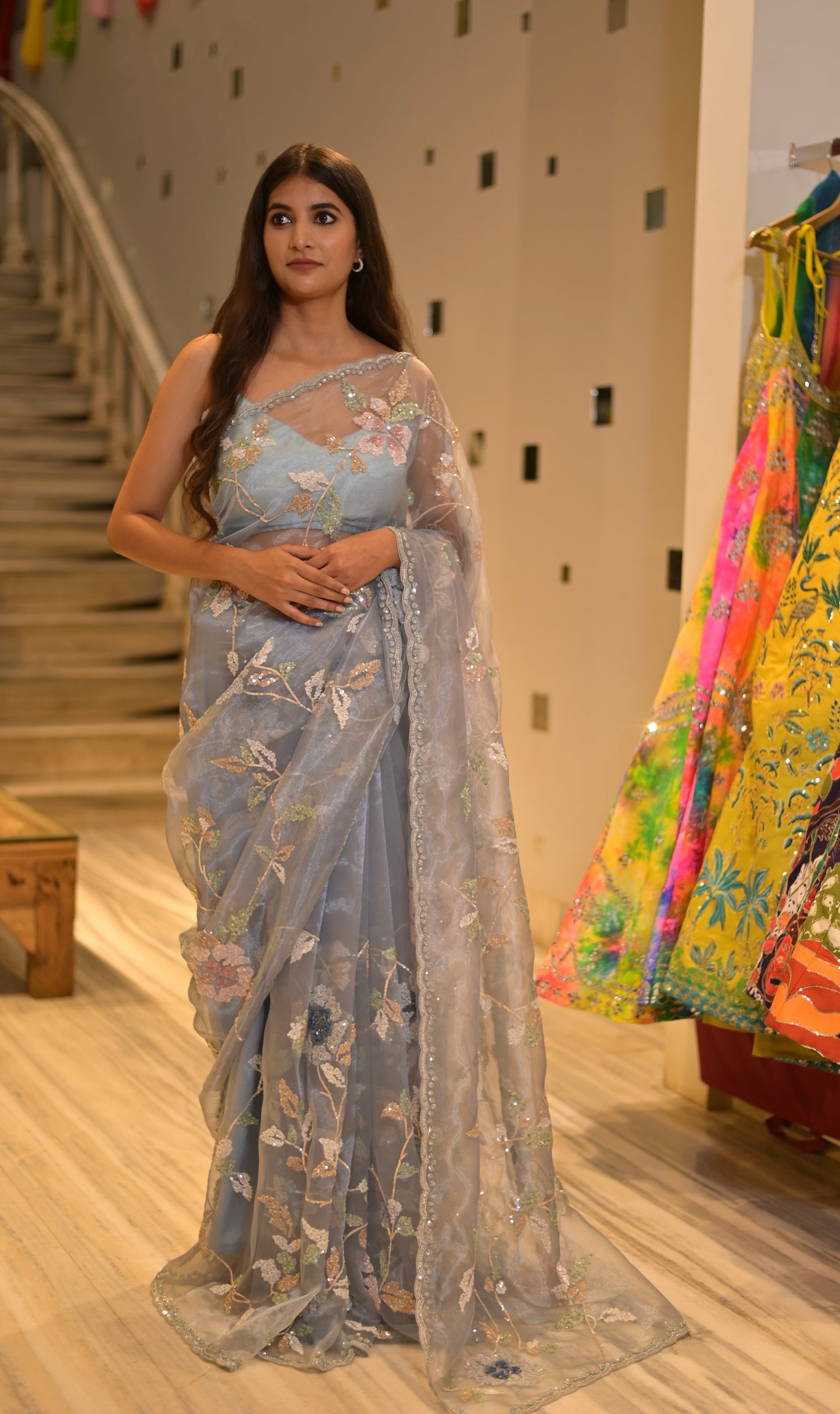 PASTEL BLUE COLOUR ORGANZA TISSUE HAND EMBROIDERED SAREE EMBELLISHED WITH SEQUINS WORK