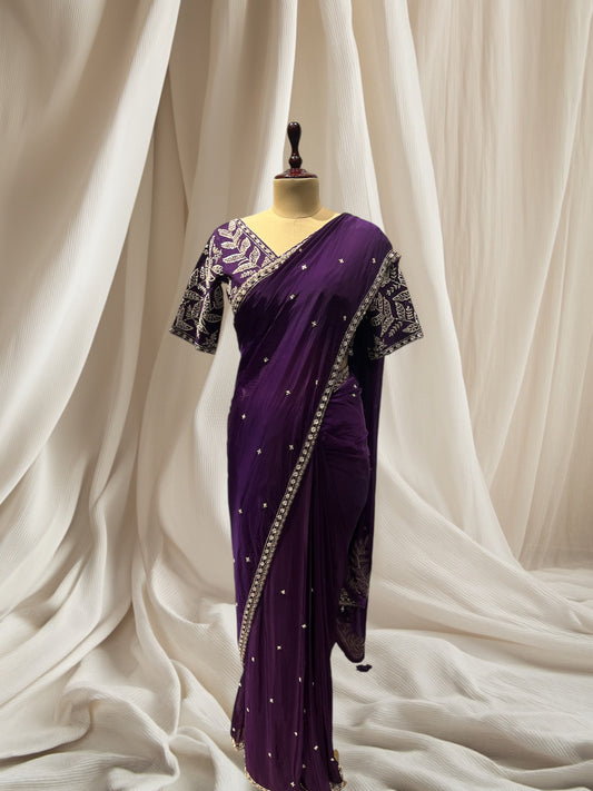 PURPLE COLOR, ORGENZA SAREE PURL SEQUINS & CUTDHANA EMBROIDERY