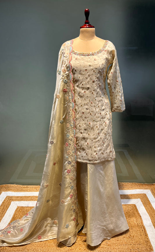 IVORY COLOUR CREPE TISSUE SHARARA SUIT EMBELLISHED WITH SEQUINS WORK