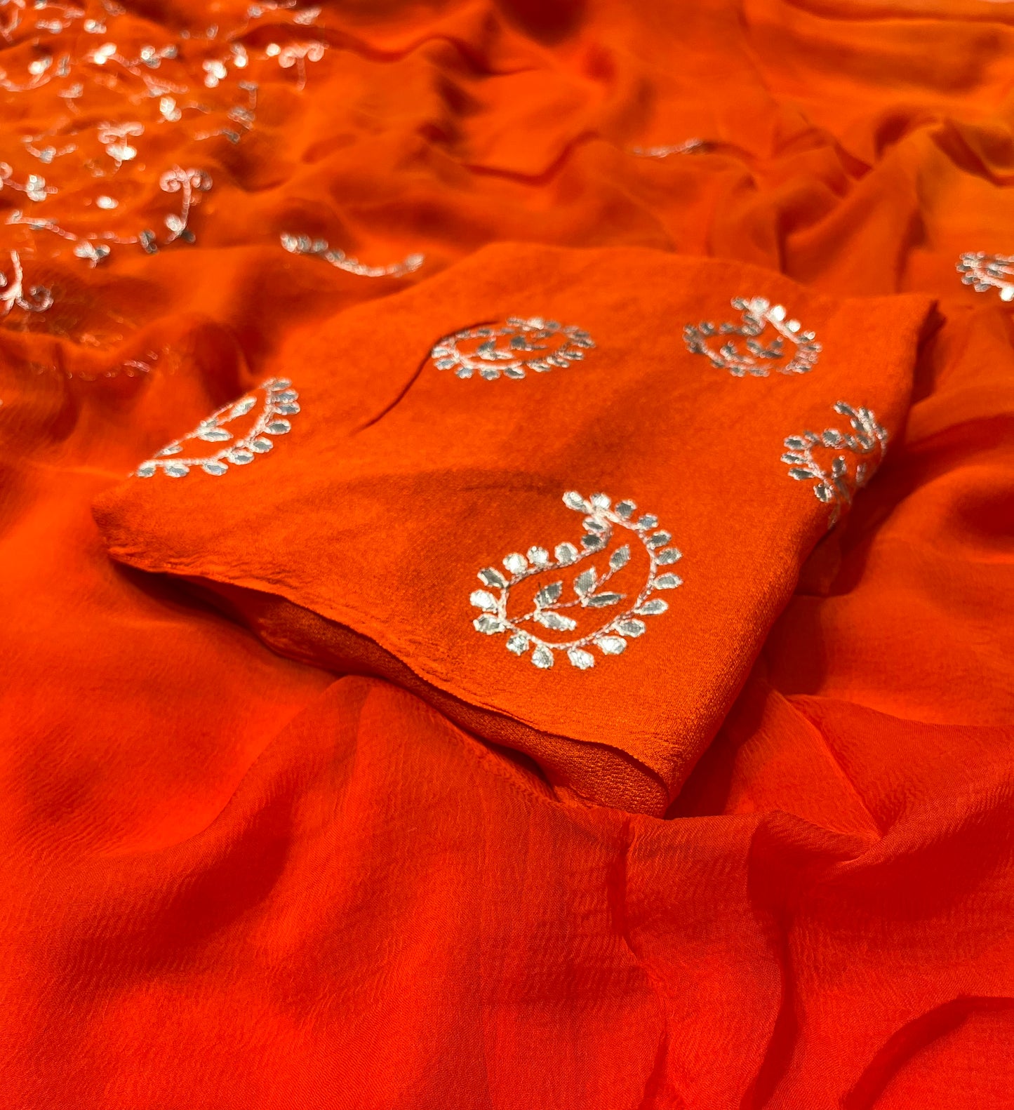 ORANGE COLOUR SHADED CHIFFON GOTA PATTI EMBROIDERED SAREE ( DELIVERY IN 25 DAYS ) - Kothari Sons