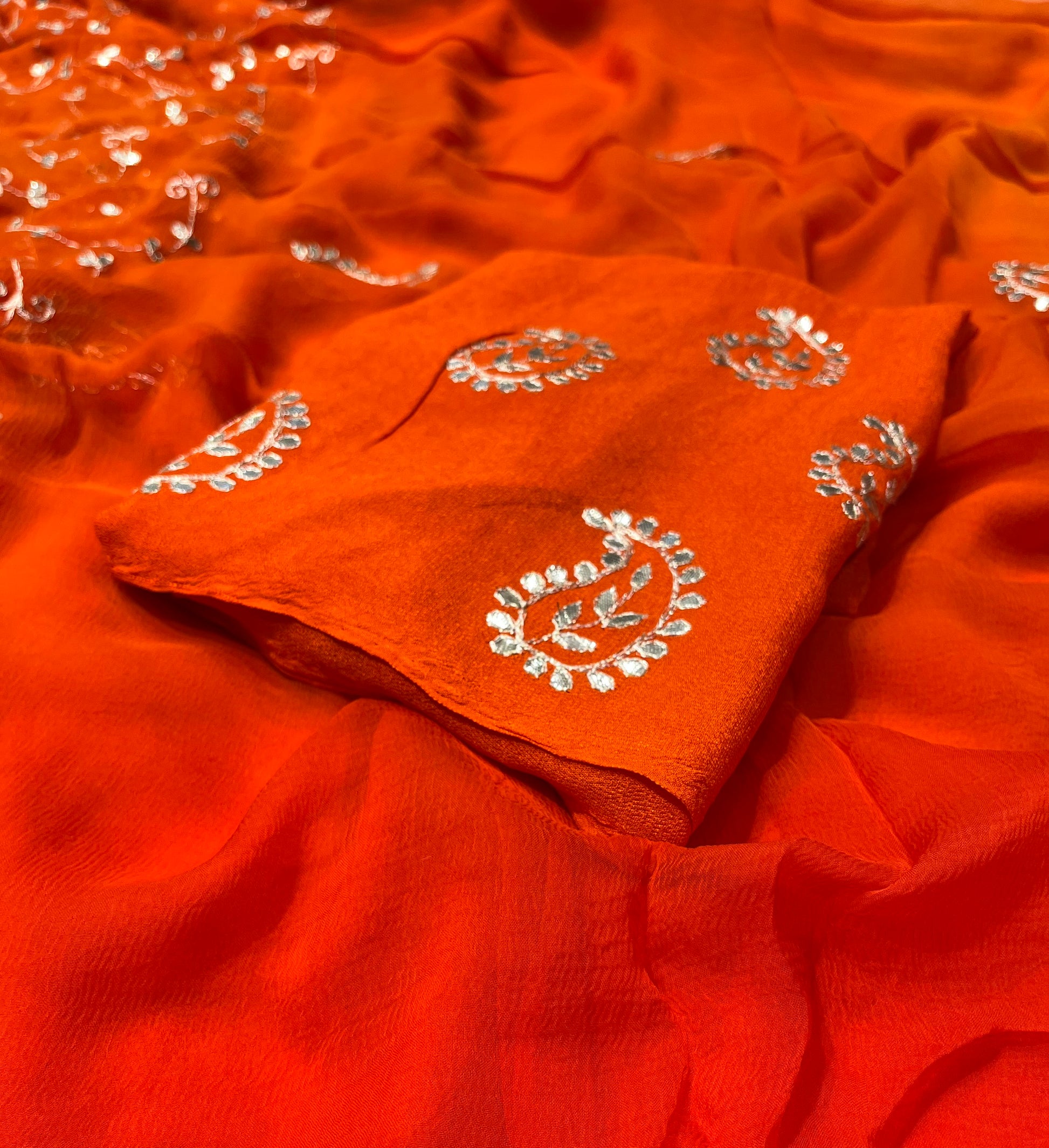 ORANGE COLOUR SHADED CHIFFON GOTA PATTI EMBROIDERED SAREE ( DELIVERY IN 25 DAYS ) - Kothari Sons