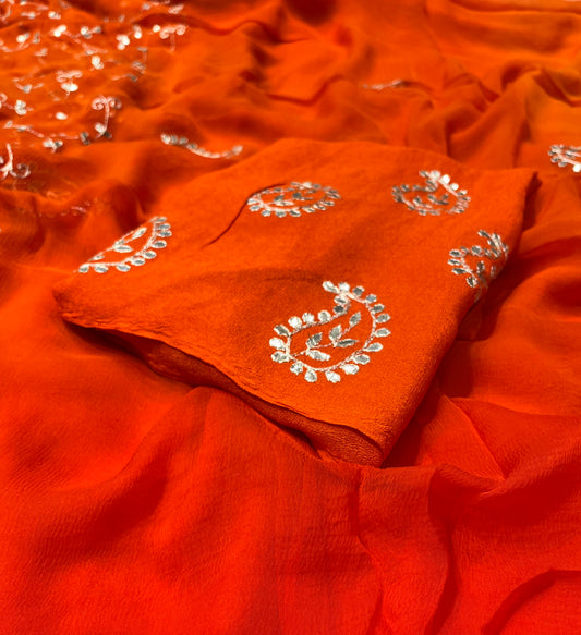 ORANGE COLOUR SHADED CHIFFON GOTA PATTI EMBROIDERED SAREE ( DELIVERY IN 25 DAYS ) - Kothari Sons