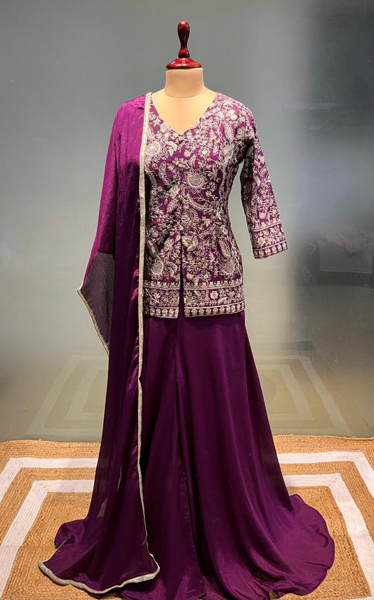 WINE COLOUR CHINON PALAZZO SUIT EMBELLISHED WITH ZARI WORK