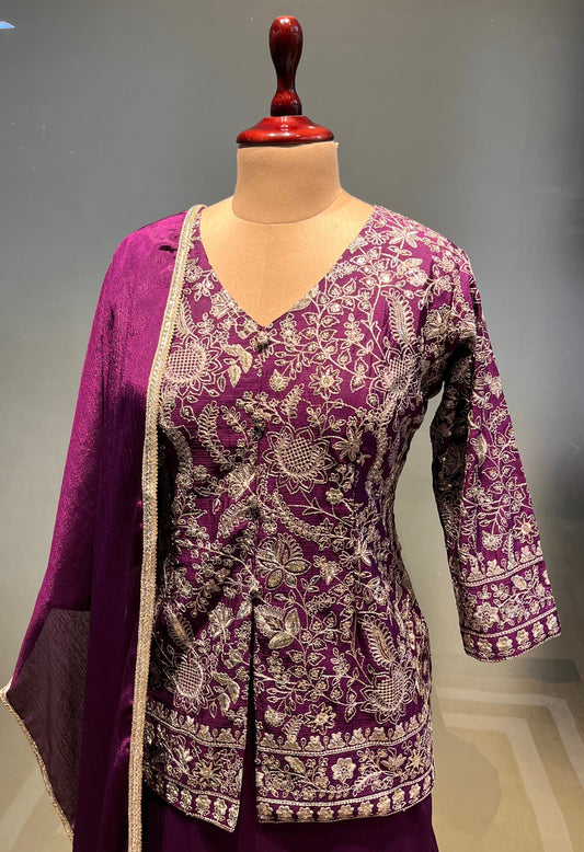 WINE COLOUR CHINON PALAZZO SUIT EMBELLISHED WITH ZARI WORK