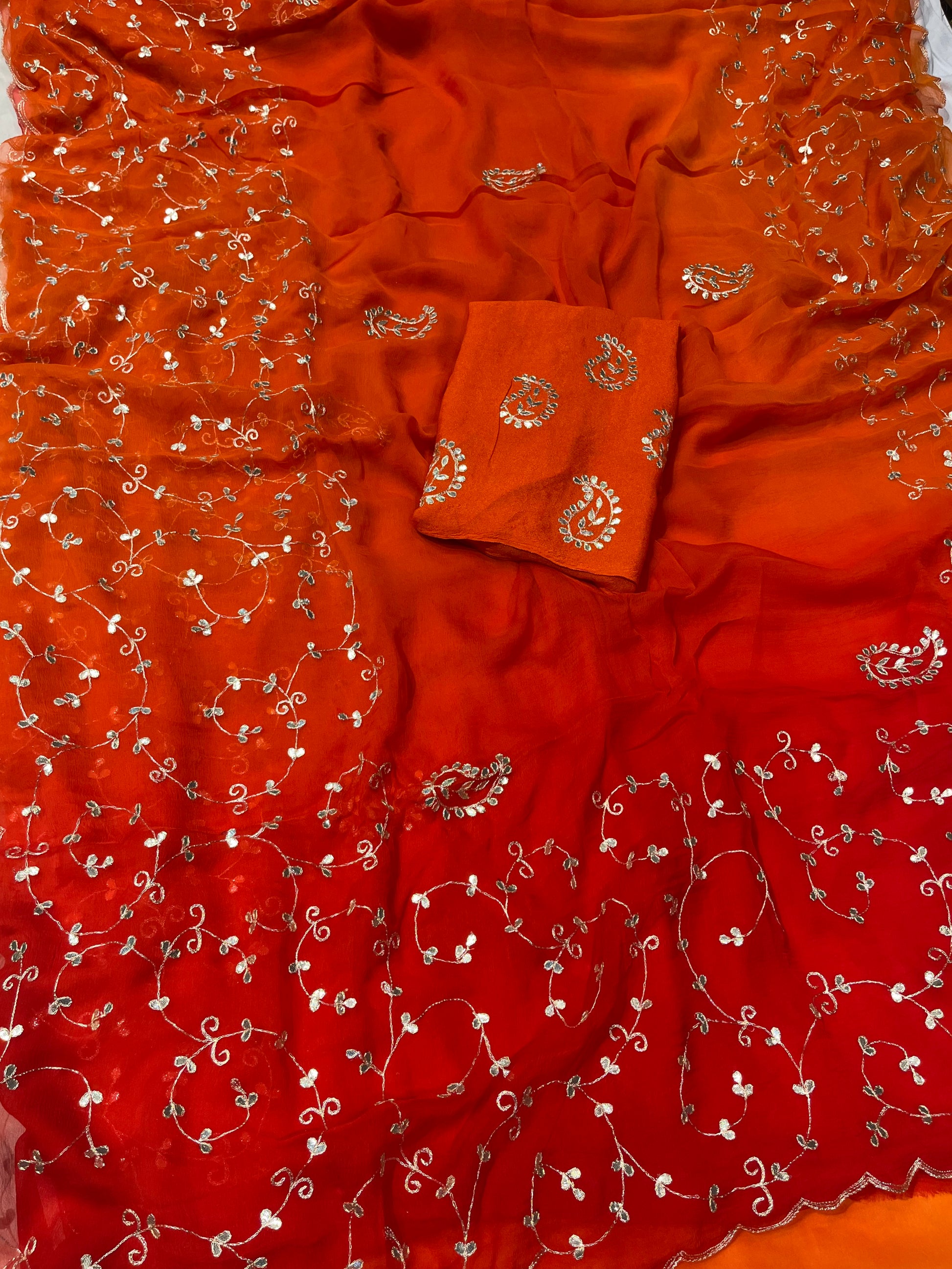 ORANGE COLOUR SHADED CHIFFON GOTA PATTI EMBROIDERED SAREE ( DELIVERY IN 25 DAYS ) - Kothari Sons