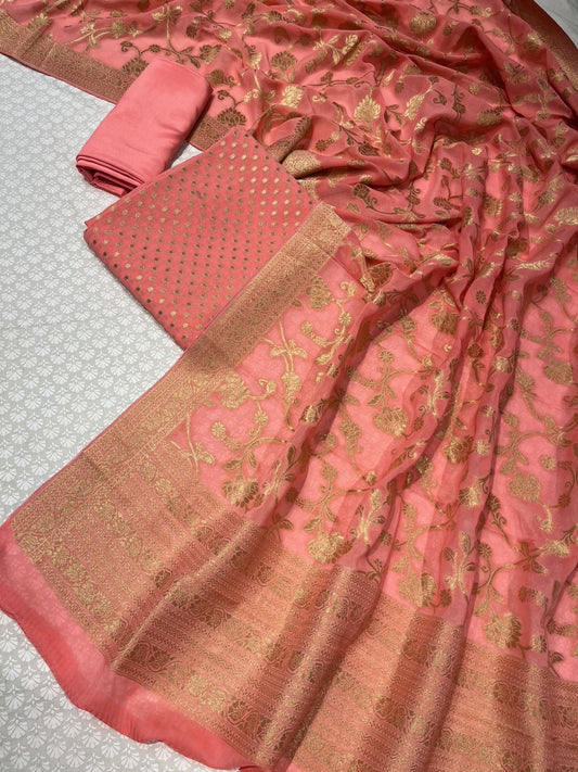 PEACH COLOUR GEORGETTE BANARASI UNSTITCHED SUIT