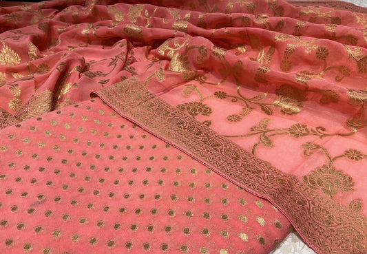 PEACH COLOUR GEORGETTE BANARASI UNSTITCHED SUIT