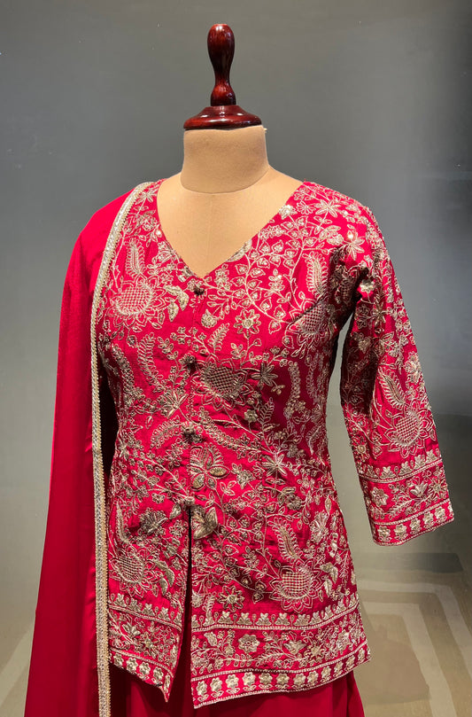 MAGENTA COLOUR CHINON SHARARA SUIT EMBELLISHED WITH ZARI WORK