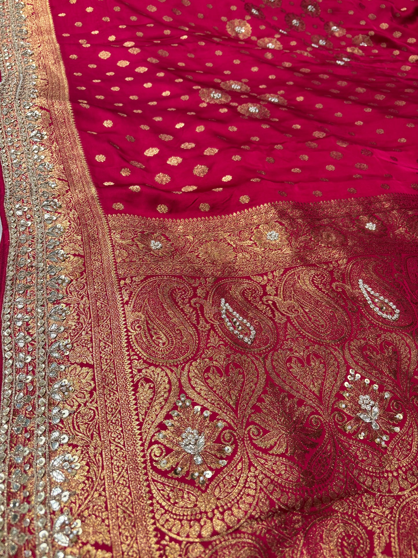 CHERRY RED PURE SATIN BANARASI SAREE WITH GOTA PATTI, DORI & PEARL WORK