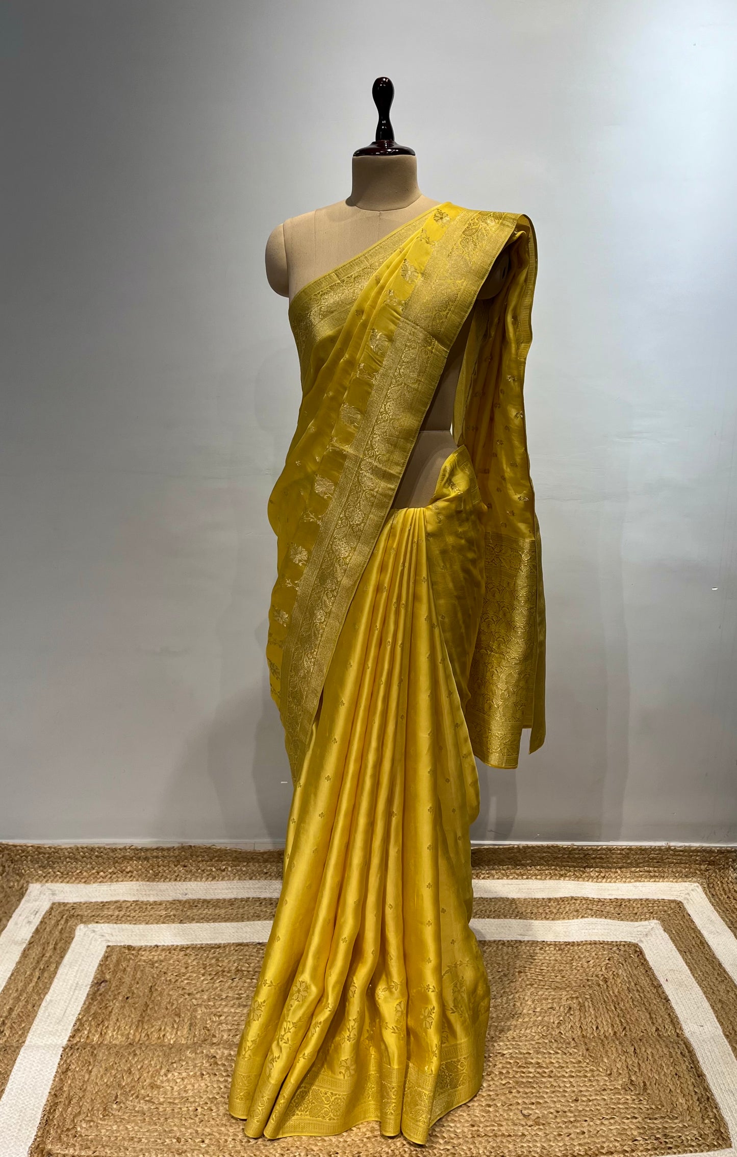 YELLOW COLOUR SATIN SILK BANARASI SAREE EMBELLISHED WITH ZARI WEAVES