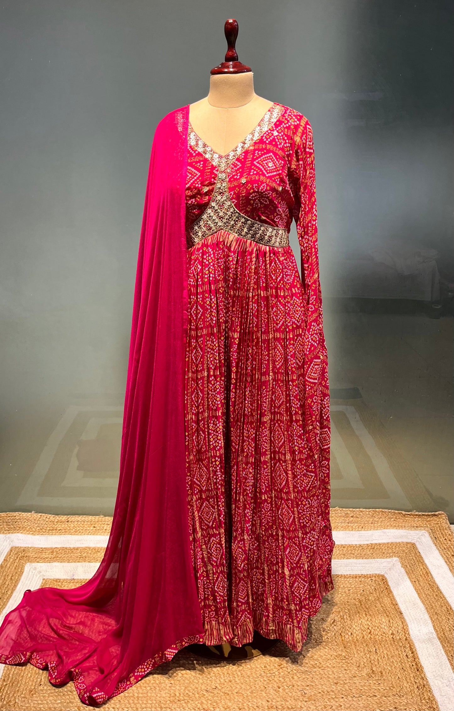 PINK COLOUR BANDHANI CHINON FLOOR LENGTH SUIT EMBELLISHED WITH CUTDANA WORK