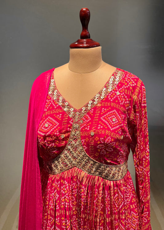 PINK COLOUR BANDHANI CHINON FLOOR LENGTH SUIT EMBELLISHED WITH CUTDANA WORK