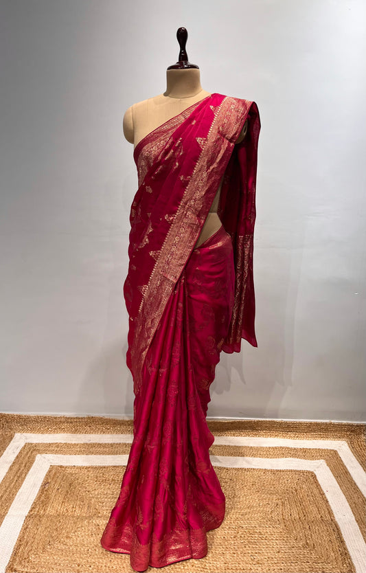 HOT PINK COLOUR SATIN SILK BANARASI SAREE EMBELLISHED WITH ZARI WEAVES