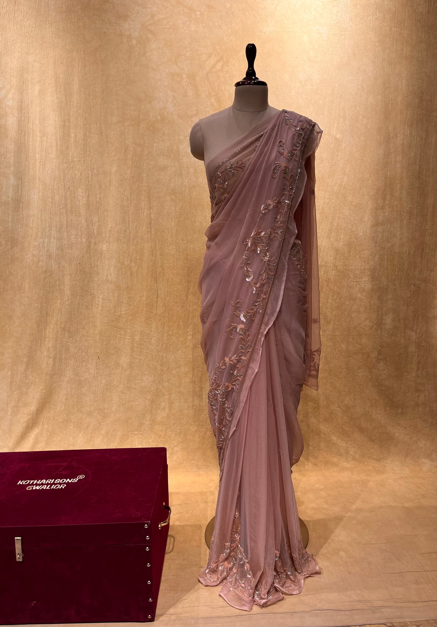 ( DELIVERY IN 25 DAYS ) PEACH COLOUR CHIFFON HAND EMBROIDERED SAREE EMBELLISHED WITH SEQUINS, CUTDANA & BEADS WORK