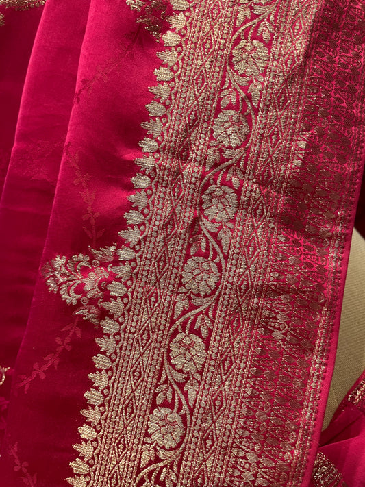 HOT PINK COLOUR SATIN SILK BANARASI SAREE EMBELLISHED WITH ZARI WEAVES