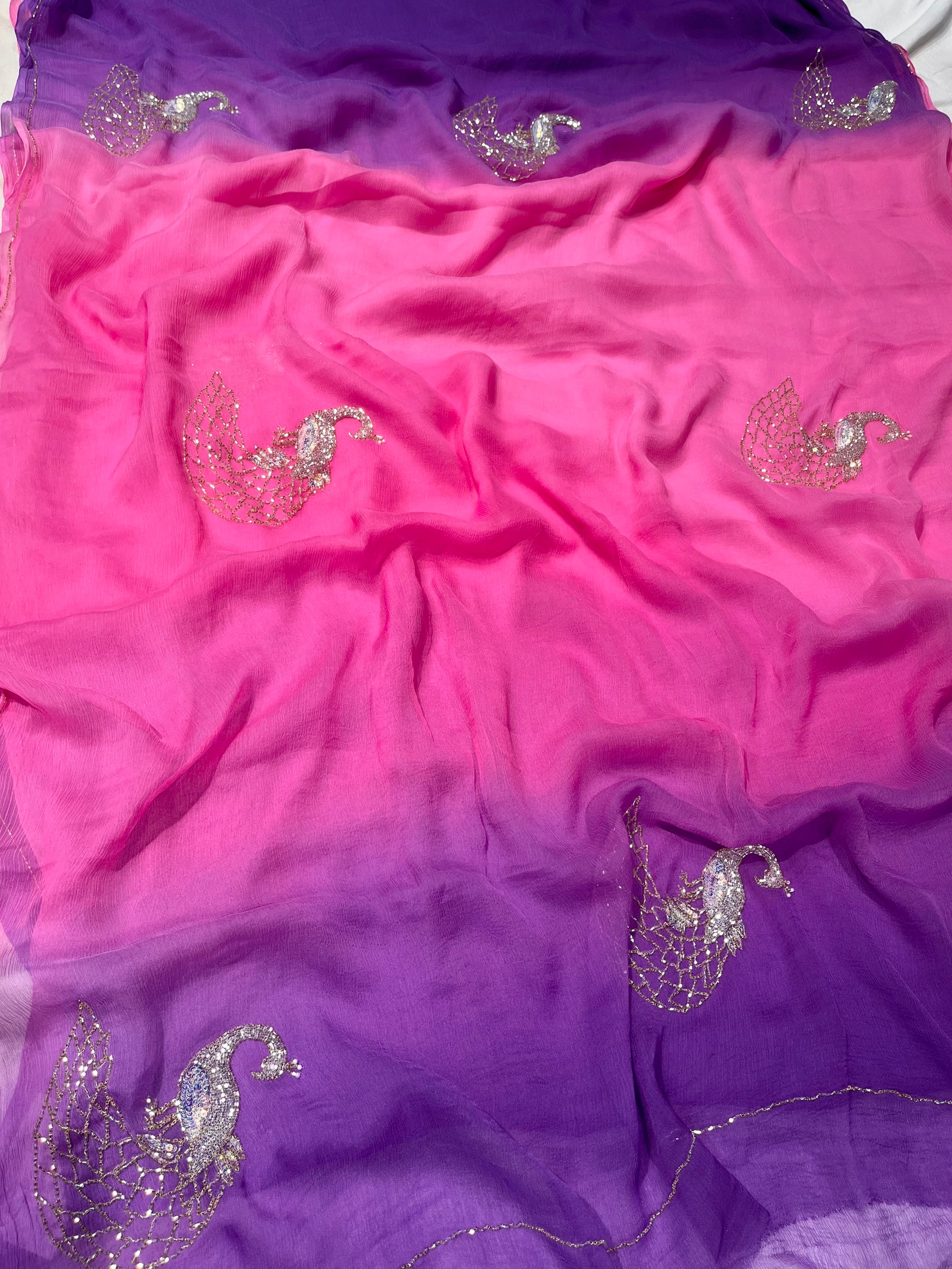 SHADED CHIFFON EMBROIDERED SAREE EMBELLISHED WITH CUTDANA & SEQUINS WORK ( DELIVERY IN 25 DAYS ) - Kothari Sons