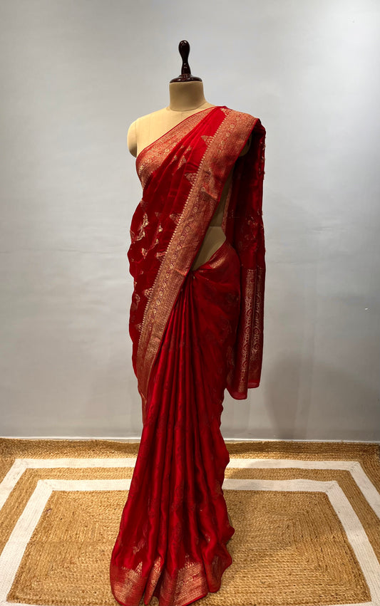 RED COLOUR SATIN SILK BANARASI SAREE EMBELLISHED WITH ZARI WEAVES