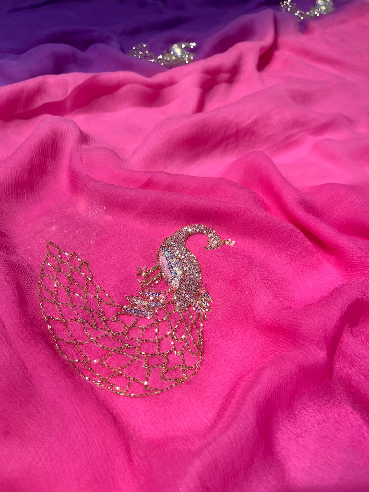 SHADED CHIFFON EMBROIDERED SAREE EMBELLISHED WITH CUTDANA & SEQUINS WORK ( DELIVERY IN 25 DAYS ) - Kothari Sons