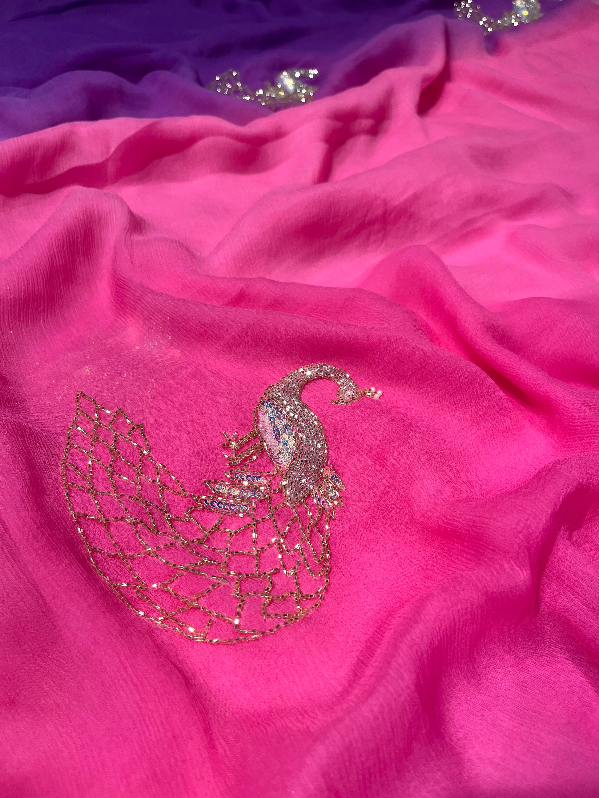 SHADED CHIFFON EMBROIDERED SAREE EMBELLISHED WITH CUTDANA & SEQUINS WORK ( DELIVERY IN 25 DAYS ) - Kothari Sons