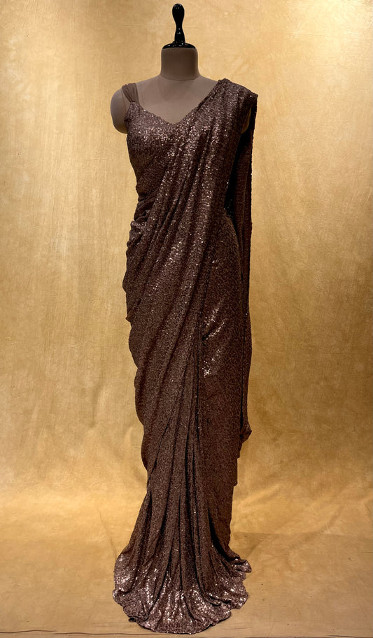 ( DELIVERY IN 25 DAYS ) RUST COLOUR SEQUINS NET READYMADE SAREE WITH READYMADE BLOUSE