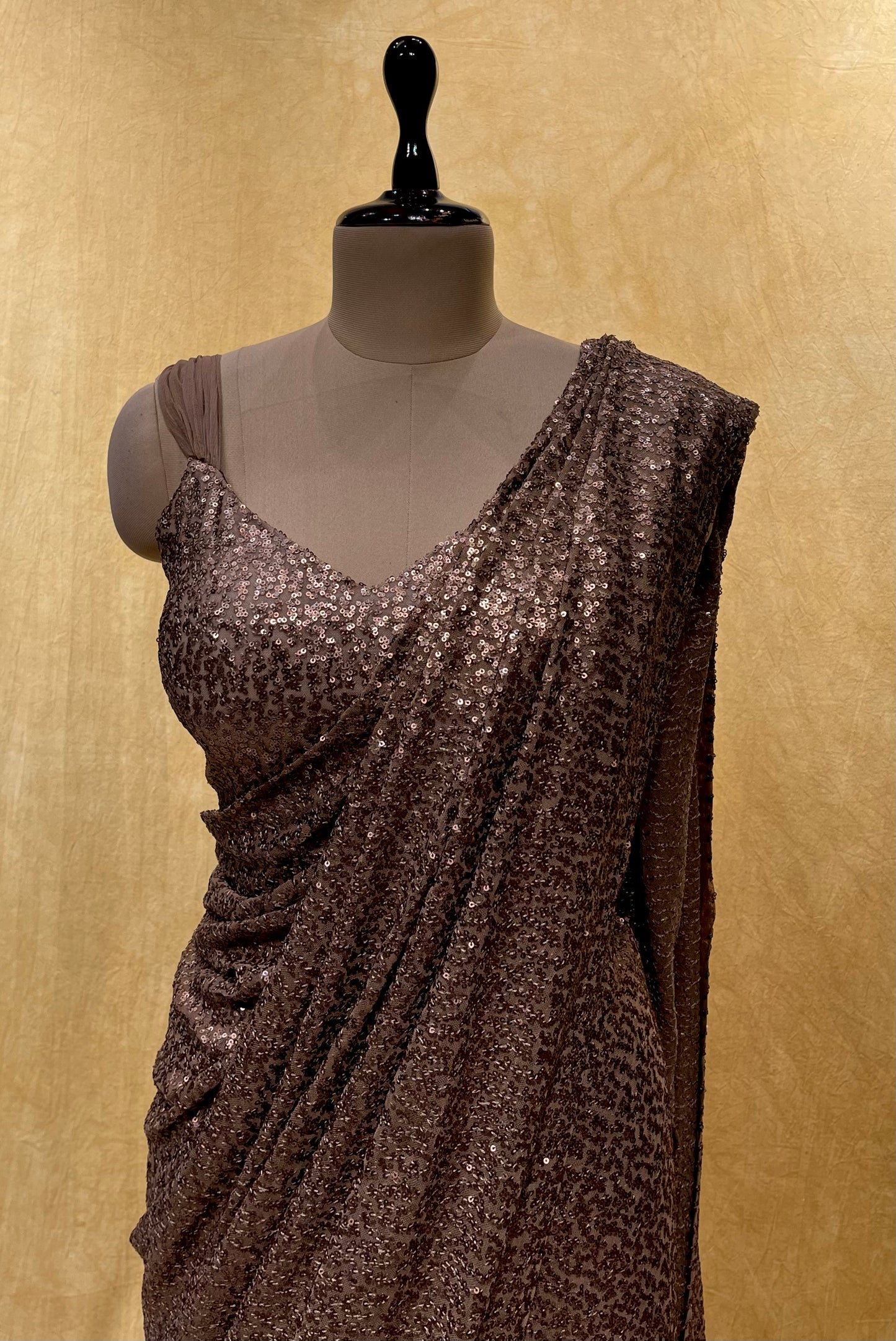 ( DELIVERY IN 25 DAYS ) RUST COLOUR SEQUINS NET READYMADE SAREE WITH READYMADE BLOUSE