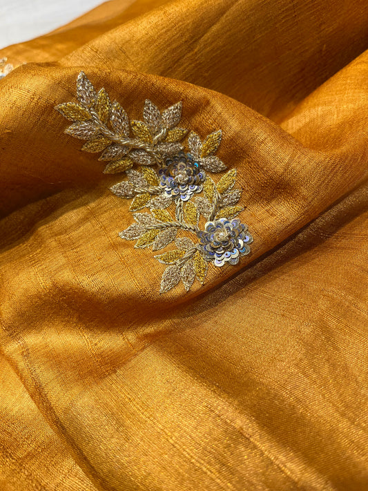 MUSTARD COLOUR TUSSAR SILK HAND EMBROIDERED SAREE EMBELLISHED WITH SEQUINS & ZARDOZI WORK