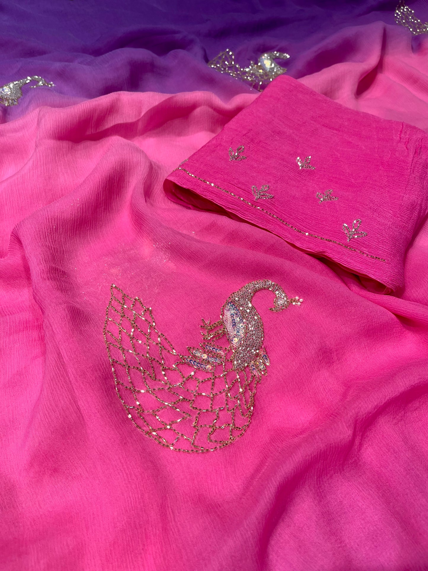 SHADED CHIFFON EMBROIDERED SAREE EMBELLISHED WITH CUTDANA & SEQUINS WORK ( DELIVERY IN 25 DAYS ) - Kothari Sons