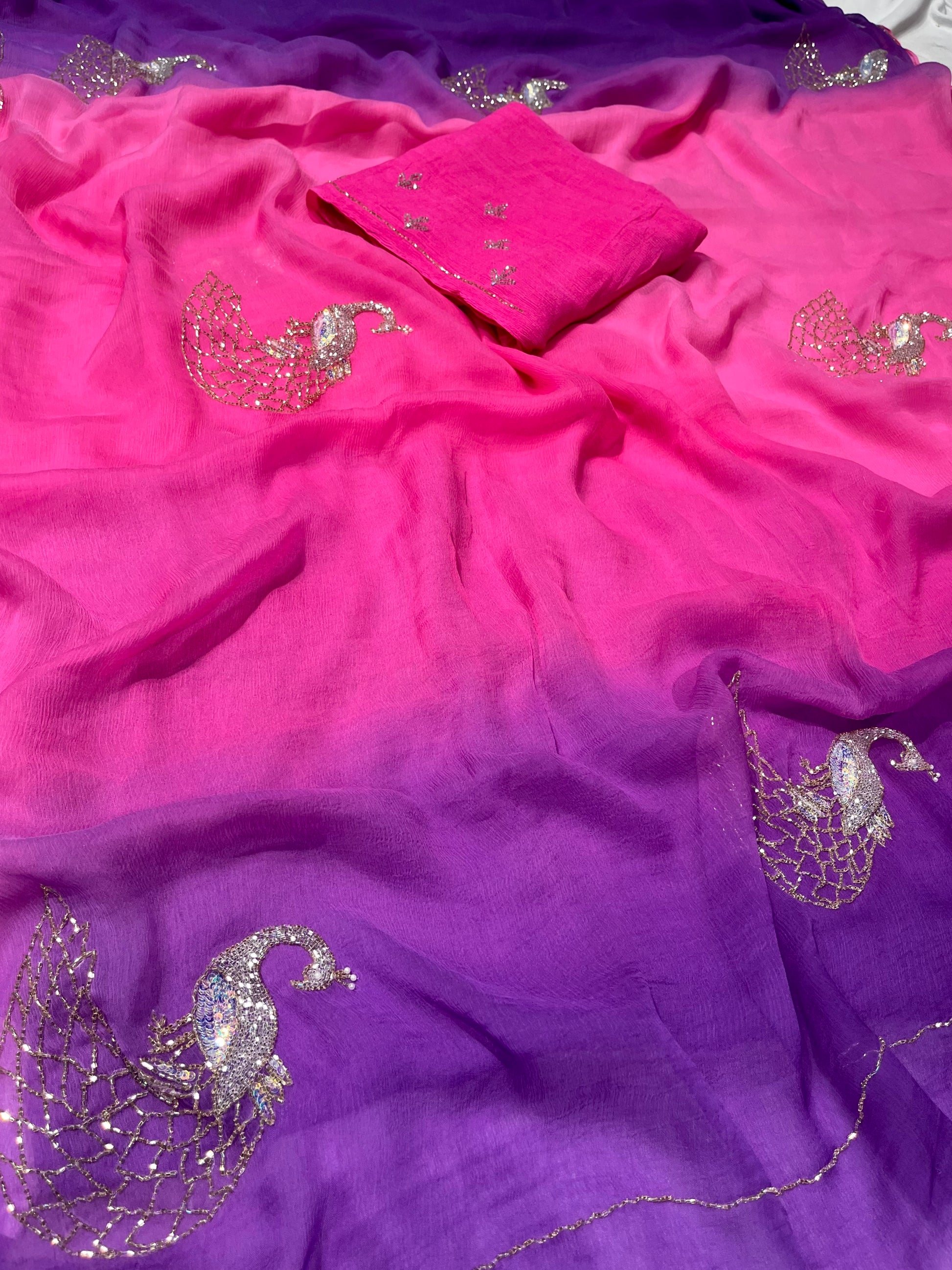 SHADED CHIFFON EMBROIDERED SAREE EMBELLISHED WITH CUTDANA & SEQUINS WORK ( DELIVERY IN 25 DAYS ) - Kothari Sons