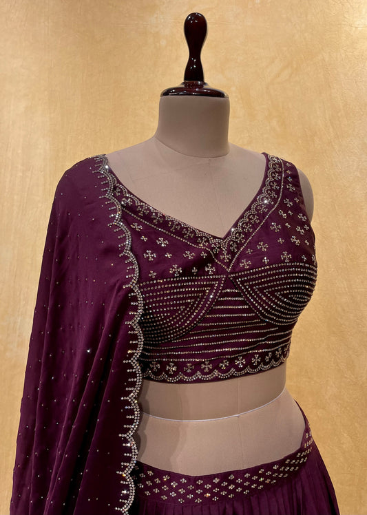 WINE COLOUR SATIN SILK LEHENGA WITH READYMADE BLOUSE EMBELLISHED WITH STONE WORK