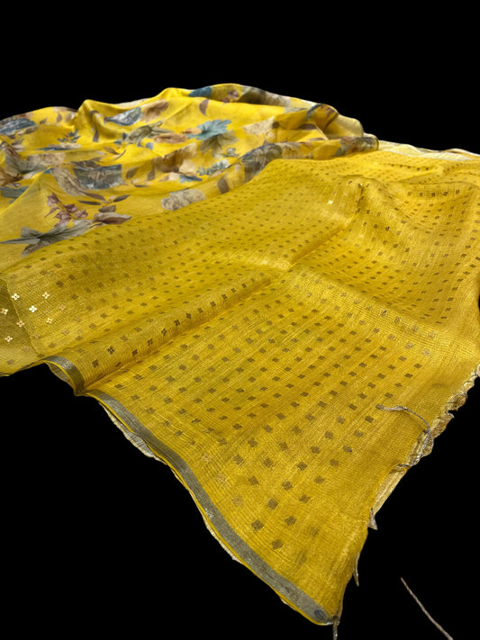 YELLOW COLOUR, PURE SILK, SILVER ZARI WOVEN PRINTED SAREE