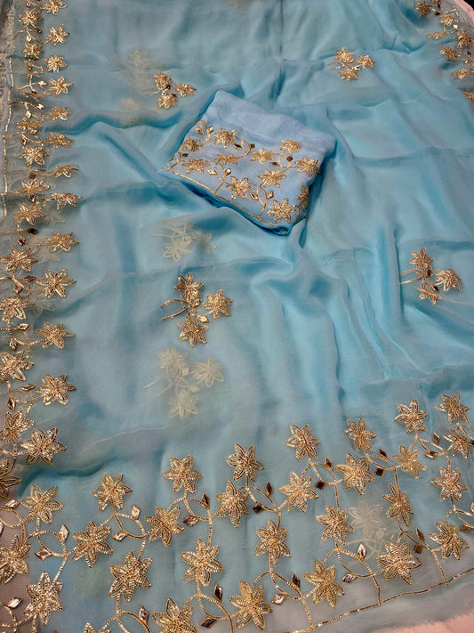SKY BLUE CHIFFON GOTA PATTI WORK SAREE WITH MATCHING BLOUSE ( DELIVERY IN 25 DAYS ) - Kothari Sons