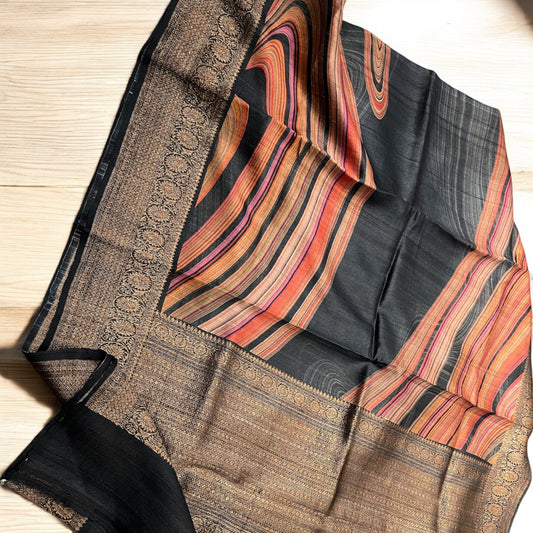 BLACK COLOUR, PURE TUSSAR, BLACK PRINTED SAREE WITH WOVEN ANTIQUE ZARI BANARASI BORDER AND PALLA