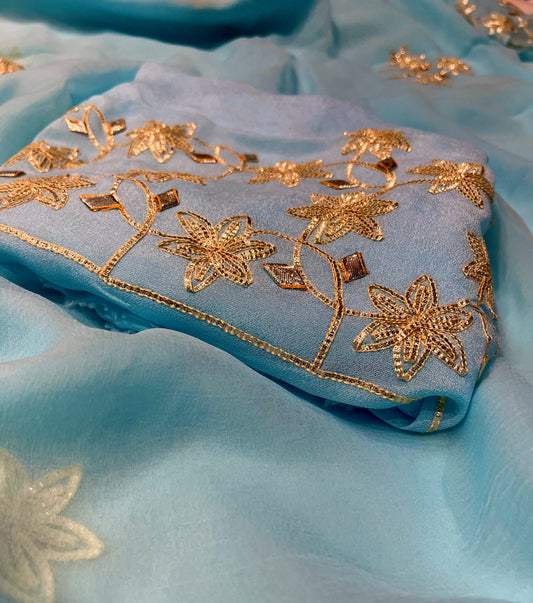 SKY BLUE CHIFFON GOTA PATTI WORK SAREE WITH MATCHING BLOUSE ( DELIVERY IN 25 DAYS ) - Kothari Sons