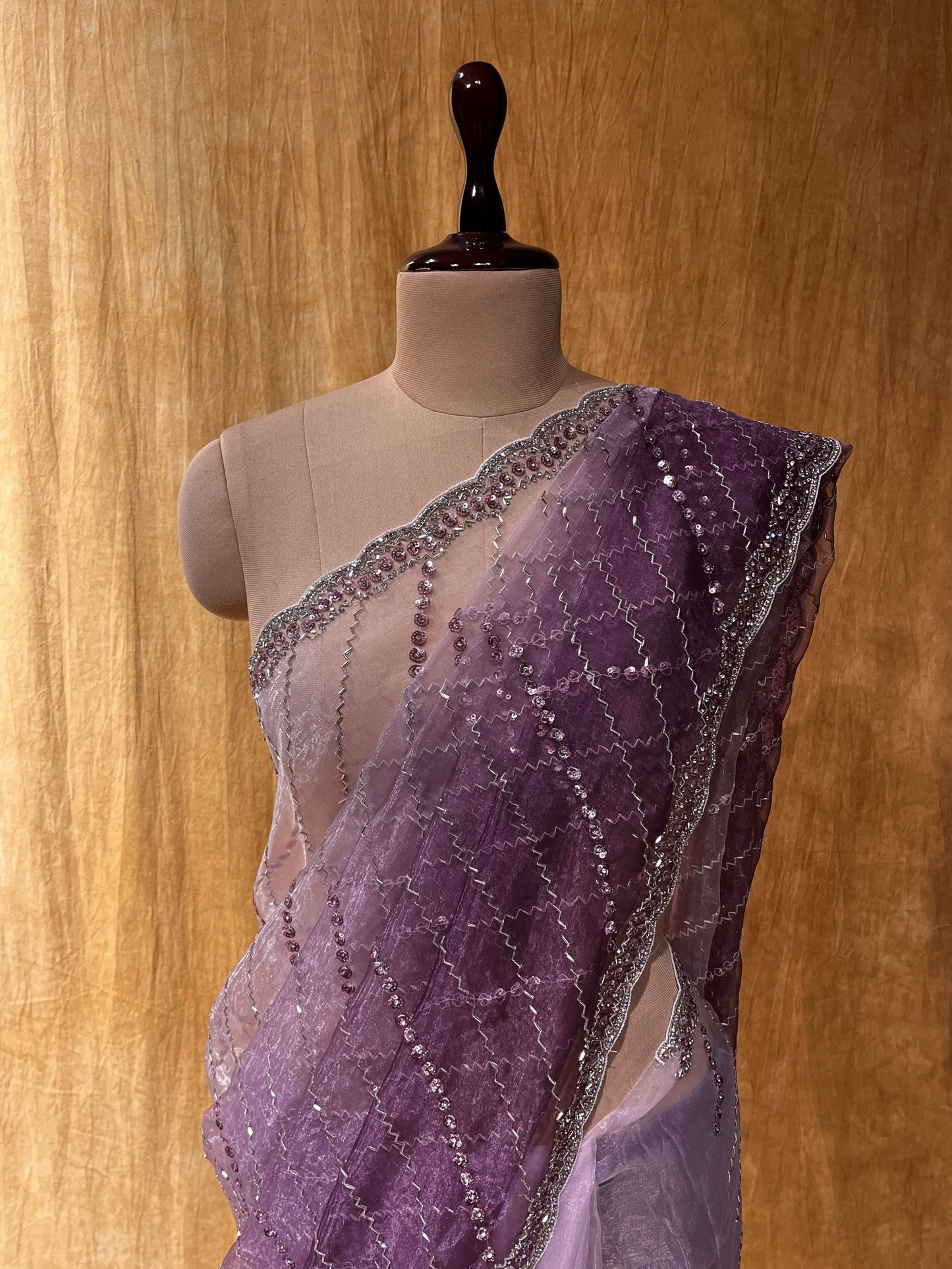 PURPLE COLOUR SHADED ORGANZA HAND EMBROIDERED SAREE EMBELLISHED WITH CUTDANA & SEQUINS WORK