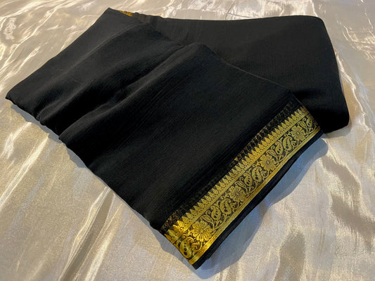 (DELIVERY IN 25 DAYS) BLACK COLOUR CHIFFON SAREE WITH ZARI BORDER