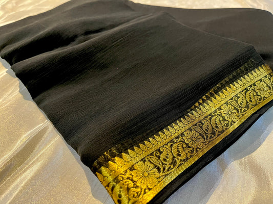 (DELIVERY IN 25 DAYS) BLACK COLOUR CHIFFON SAREE WITH ZARI BORDER