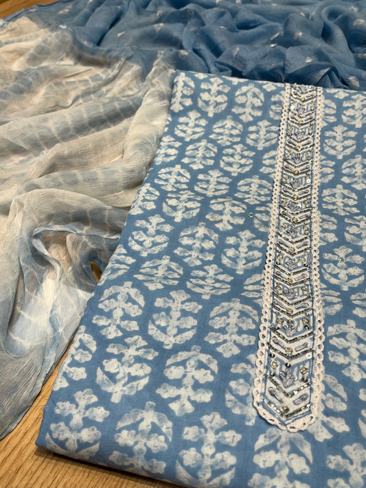 BLUE COLOUR COTTON UNSTITCHED SUIT WITH CHIFFON DUPATTA