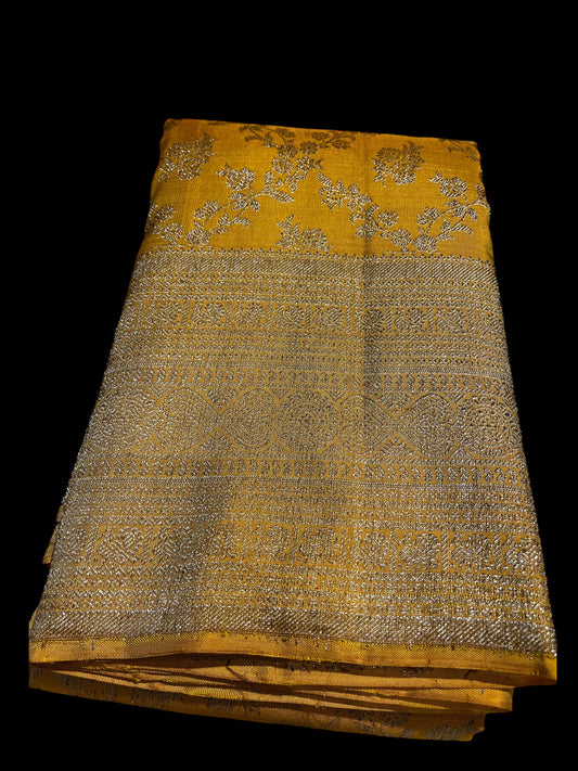 (DELIVERY IN 45 DAYS) MUSTARD YELLOW COLOR, PURE SILK KANJIVARAM SAREE,WITH ZARI WORK BORDER LUXURIOUS ELEGANCE