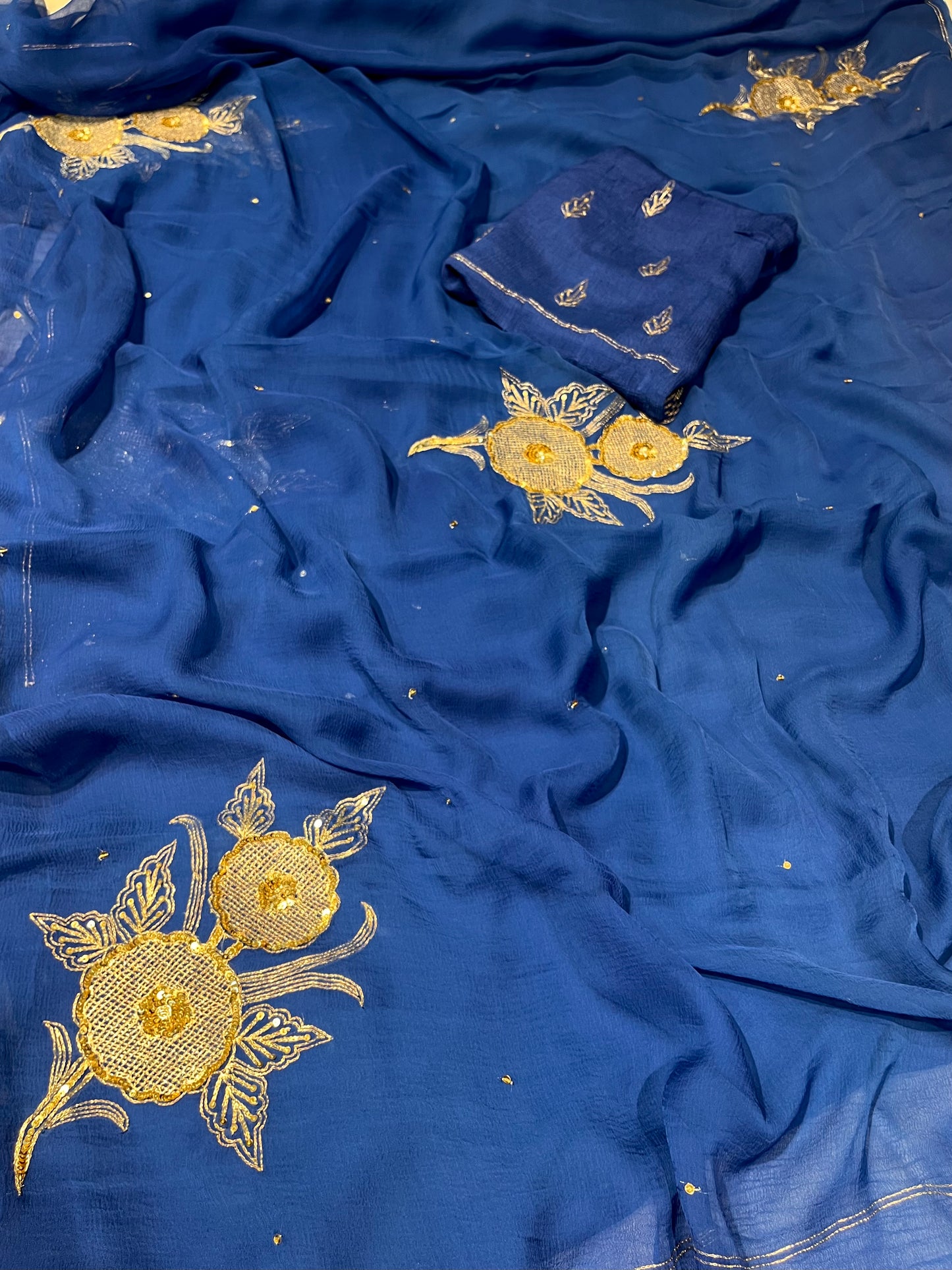 BLUE SHADED CHIFFON  EMBROIDERED SAREE EMBELLISHED WITH SEQUINS & AARI WORK ( DELIVERY IN 25 DAYS ) - Kothari Sons