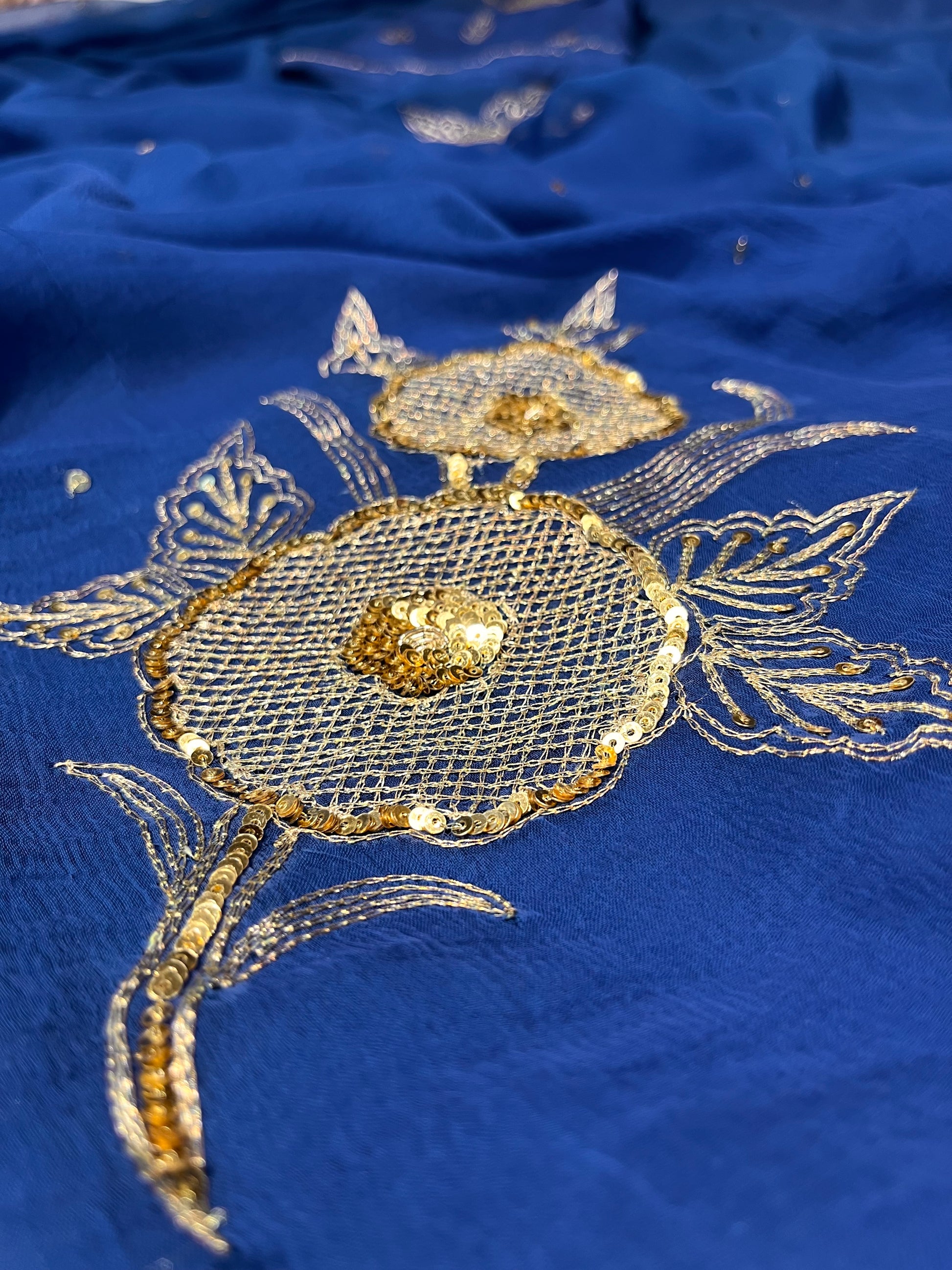 BLUE SHADED CHIFFON  EMBROIDERED SAREE EMBELLISHED WITH SEQUINS & AARI WORK ( DELIVERY IN 25 DAYS ) - Kothari Sons