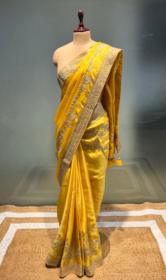 ( DELIVERY IN 25 DAYS ) YELLOW COLOUR ORGANZA EMBROIDERED SAREE EMBELLISHED WITH ZARI WORK