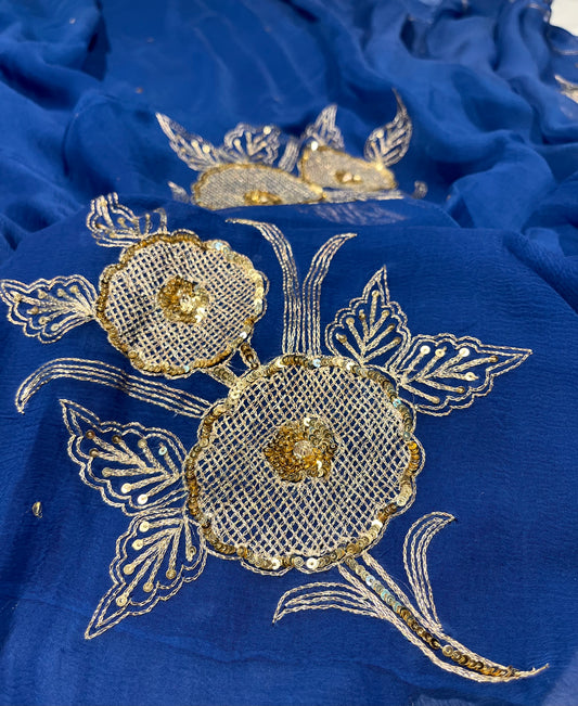 BLUE SHADED CHIFFON  EMBROIDERED SAREE EMBELLISHED WITH SEQUINS & AARI WORK ( DELIVERY IN 25 DAYS ) - Kothari Sons