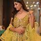 ( DELIVERY IN 25 DAYS ) PASTEL GREEN COLOUR IMPORTED CRUSHED LEHENGA WITH DESIGNER CROP TOP BLOUSE EMBELLISHED WITH GOLDEN FOIL WORK