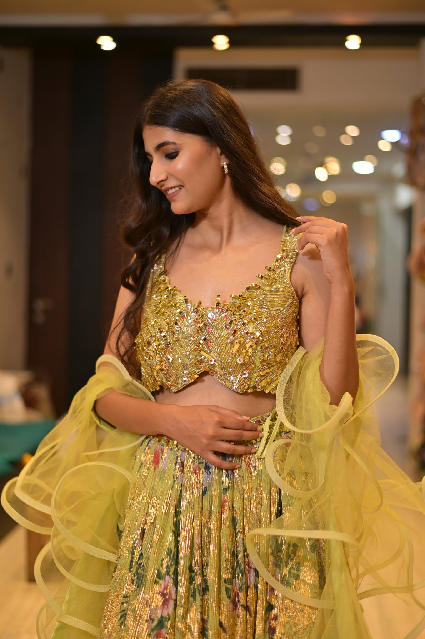 ( DELIVERY IN 25 DAYS ) PASTEL GREEN COLOUR IMPORTED CRUSHED LEHENGA WITH DESIGNER CROP TOP BLOUSE EMBELLISHED WITH GOLDEN FOIL WORK