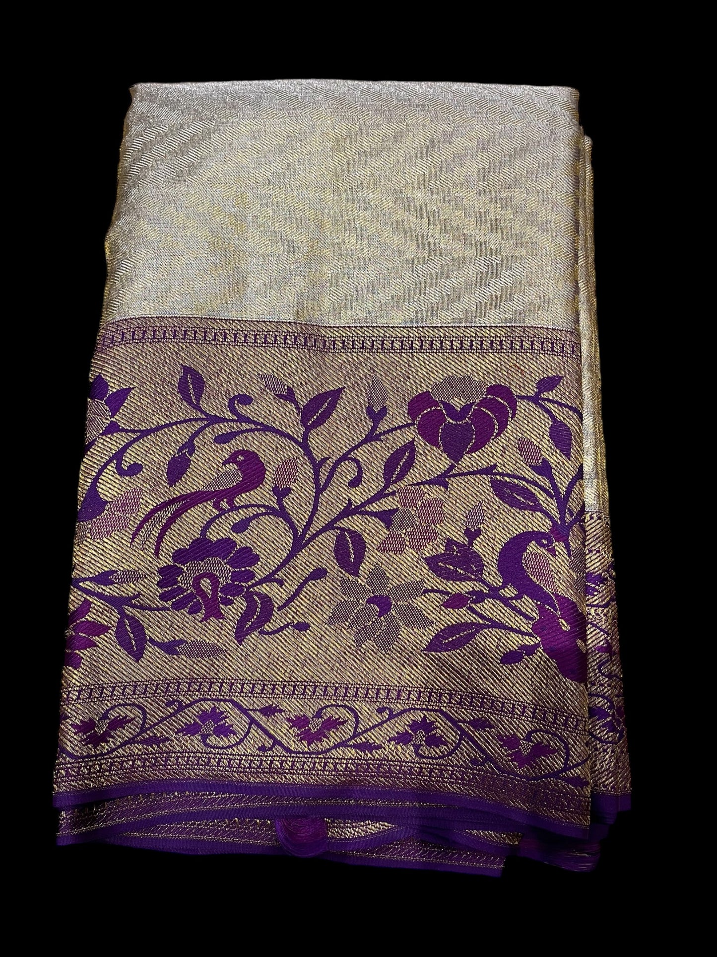 GOLDAN COLOR, PURE KANJIVARAM SILK SAREE WITH PURPLE BORDER