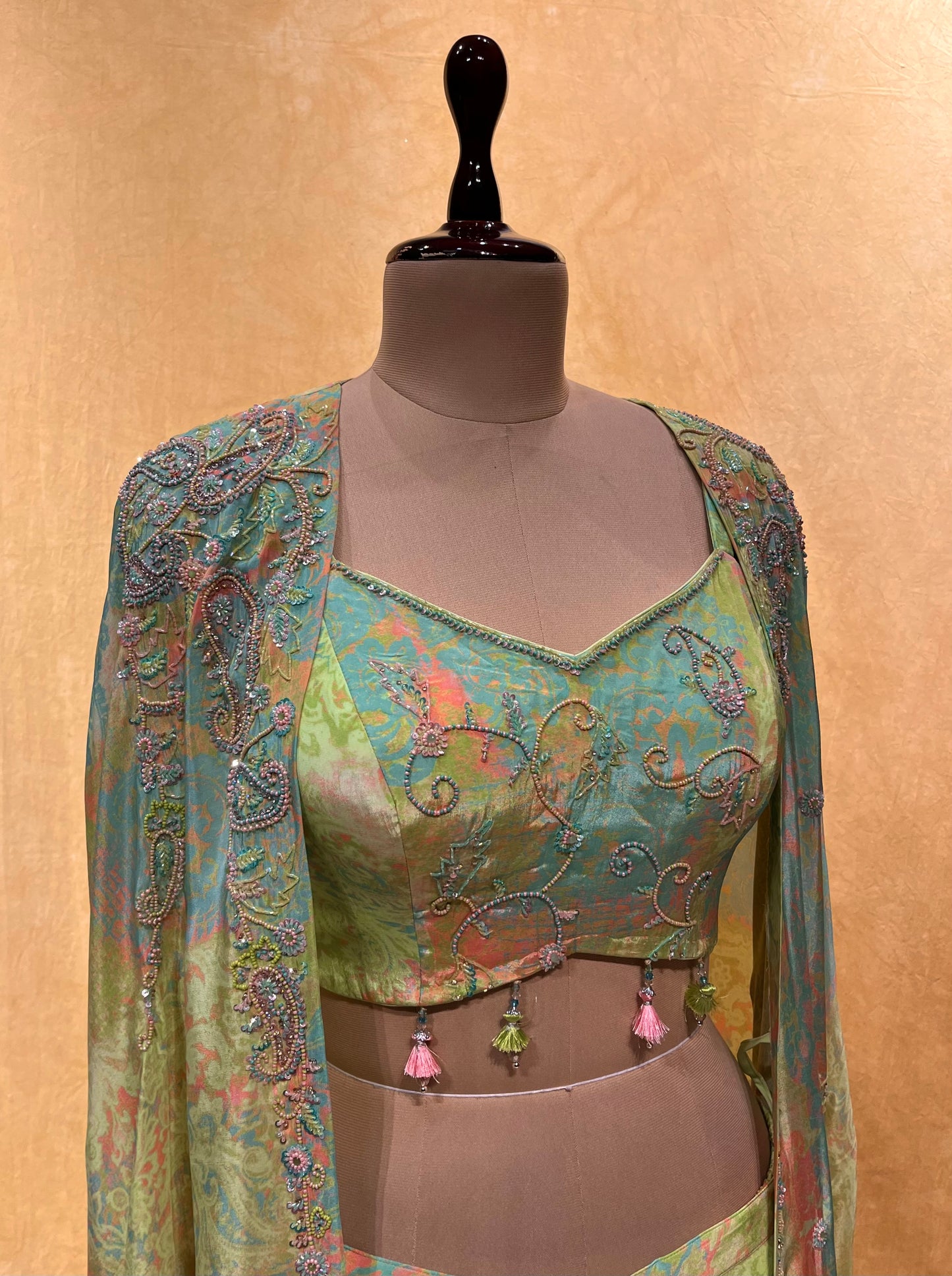 ( DELIVERY IN 25 DAYS ) PASTEL GREEN COLOUR CREPE SILK INDOWESTERN PALAZZO WITH CROP TOP BLOUSE & SHRUG EMBELLISHED WITH CUTDANA &  BEADS WORK
